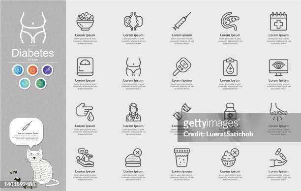 stockillustraties, clipart, cartoons en iconen met diabetes and blood sugar measurement line icons content infographic - symptom