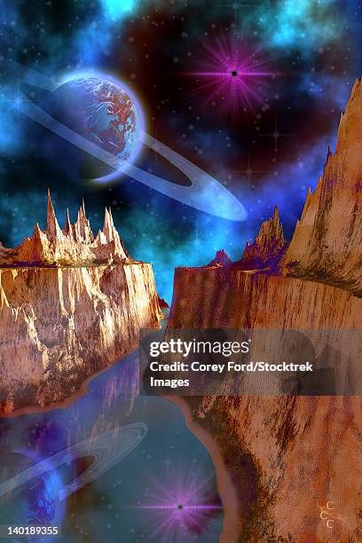 cosmic seascape on another world. - endless reflection stock illustrations