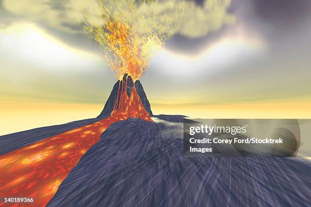 a volcano erupts with lava, fire and smoke. - lava flowing stock illustrations