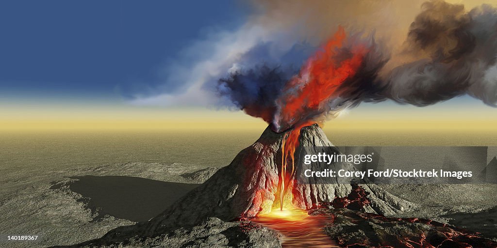 An active volcano belches smoke and molten red lava in an eruption.