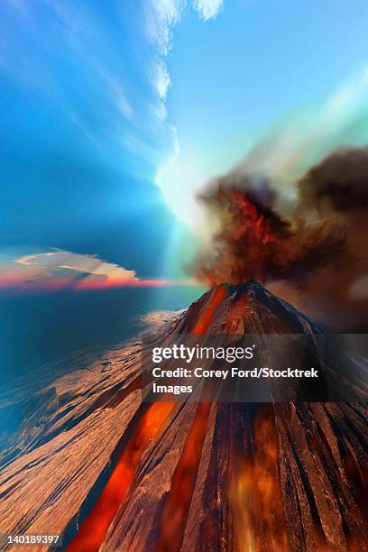 ilustrações, clipart, desenhos animados e ícones de a volcano comes to life with smoke and lava. - atividade vulcânica