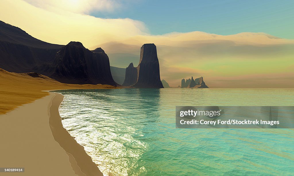This ocean beach is colored in beautiful pastel colors on a hazy summer afternoon.