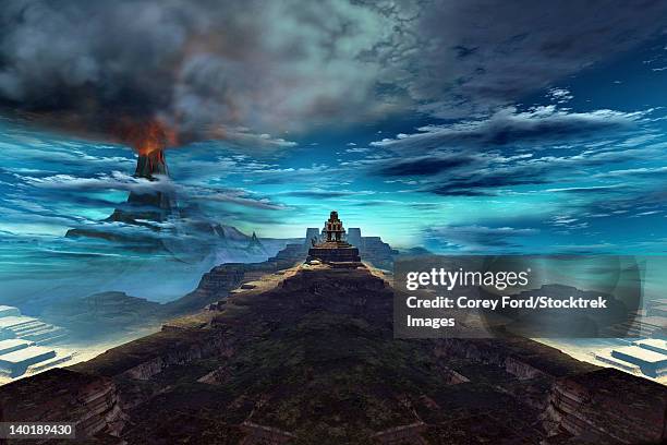 a volcano erupts near an ancient mayan temple. - mayan ruins stock illustrations