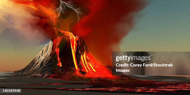 ilustraciones, imágenes clip art, dibujos animados e iconos de stock de the kilauea volcano erupts on the island of hawaii with plumes of fire and smoke. rivers of lava head to the ocean making new land. - volcanic landscape