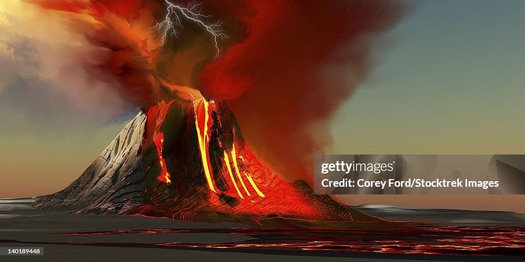 The Kilauea volcano erupts on the island of Hawaii with plumes of fire and smoke. Rivers of lava head to the ocean making new land.