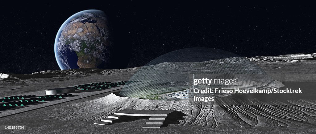 A domed crater is home to a lunar city. Earth rises in the background.