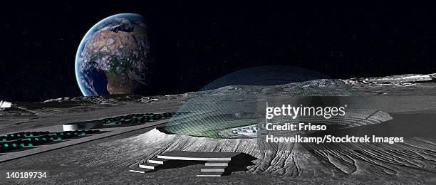 a domed crater is home to a lunar city. earth rises in the background. - colony stock illustrations