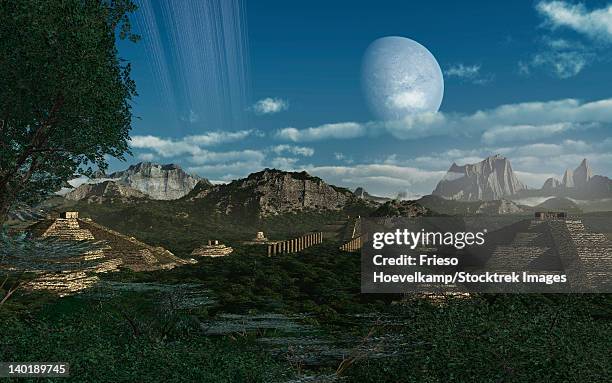 artist's concept of mayan like ruins on a ringed planet. - mayan ruins stock illustrations