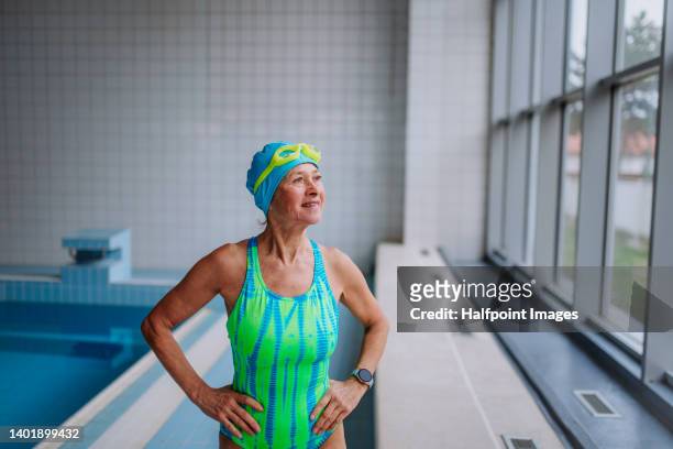 senior woman swimmer preparing for swim indoors in public swimming pool, stretching. - cuffia da nuoto foto e immagini stock