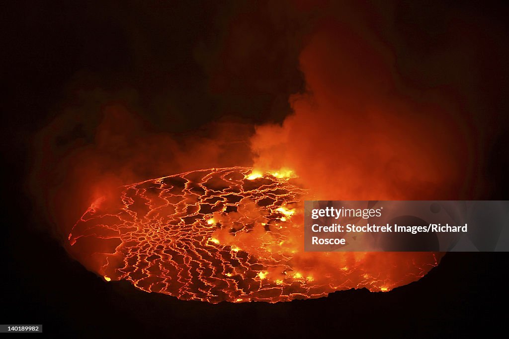 January 21, 2011 - Nighttime view of lava lake in pit crater, Nyiragongo Volcano, Democratic Republic of the Congo.