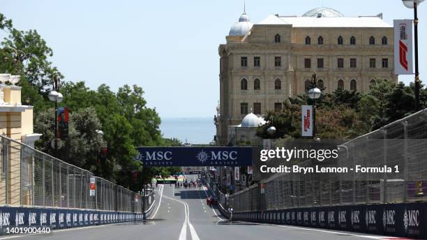 General view of the circuit during previews ahead of the F1 Grand Prix of Azerbaijan at Baku City Circuit on June 09, 2022 in Baku, Azerbaijan.