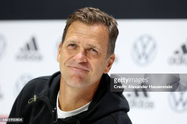 Oliver Bierhoff, team manager of Germany speaks to the media during a press conference of the German national soccer team on June 09, 2022 in...