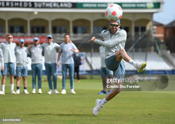 England bowler James Anderson takes a penalty during a football penalty shoot out during nets ahead of the Second Test Match between England and New...