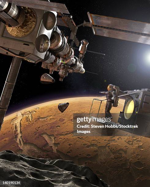 stockillustraties, clipart, cartoons en iconen met artist's concept of an orbital outpost above phobos, the nearest of mars' moons. - spacewalk