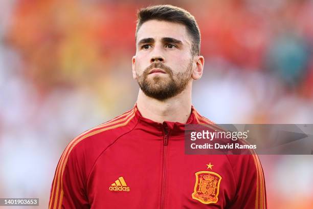 Unai Simon of Spain looks on prior to the UEFA Nations League League A Group 2 match between Spain and Portugal at Estadio Benito Villamarin on June...