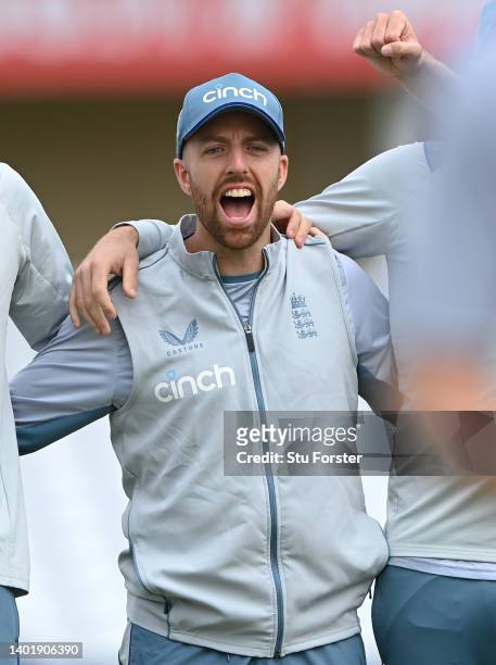 England bowler Jack Leach celebrates during a football penalty shoot out as his team mates from the South team look on during nets ahead of the...