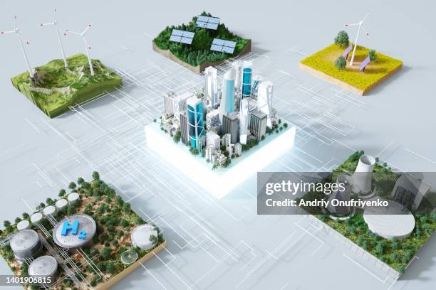 sustainable futuristic cityscape - energieindustrie stockfoto's en -beelden