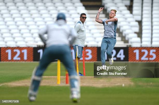 England captain Ben Stokes in bowling action during nets ahead of the Second Test Match between England and New Zealand at Trent Bridge on June 09,...