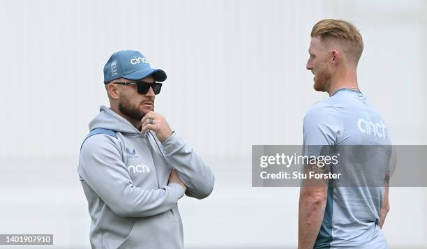 England coach Brendon McCullum and captain Ben Stokes chat during nets ahead of the Second Test Match between England and New Zealand at Trent Bridge...