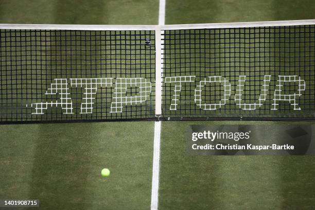 Detailed view of ATP Tour logo on the net during the round of 16 match between Oscar Otte of Germany and Denis Shapovalov of Canada during day four...