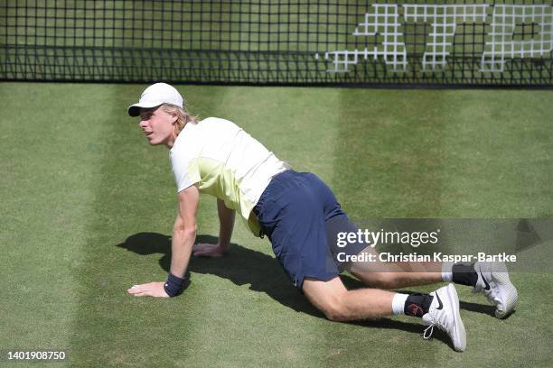 Denis Shapovalov of Canada reacts during the round of 16 match between Oscar Otte of Germany and Denis Shapovalov of Canada during day four of the...