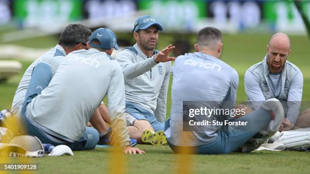 England bowler James Anderson makes a point as the bowlers have a group chat during nets ahead of the Second Test Match between England and New...