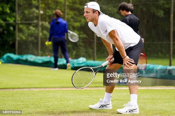 Tallon Griekspoor of the Netherlands warms up during Day 4 of the Libema Open Grass Court Championships at the Autotron on June 9, 2022 in...