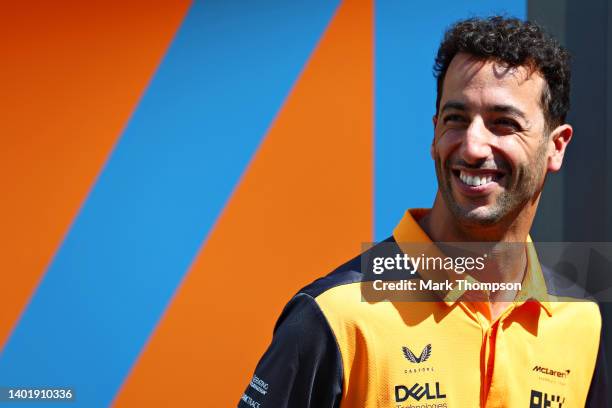 Daniel Ricciardo of Australia and McLaren looks on in the Paddock during previews ahead of the F1 Grand Prix of Azerbaijan at Baku City Circuit on...