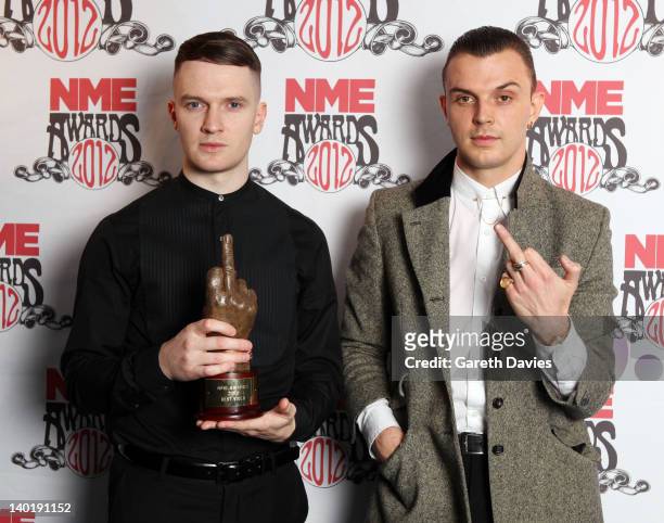 Hurts with their award at The NME Awards 2012 at The o2 Academy Brixton on February 29, 2012 in London, England.