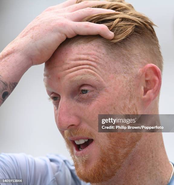 Ben Stokes of England is interviewed after a training session before the second Test against New Zealand at Trent Bridge on June 09, 2022 in...