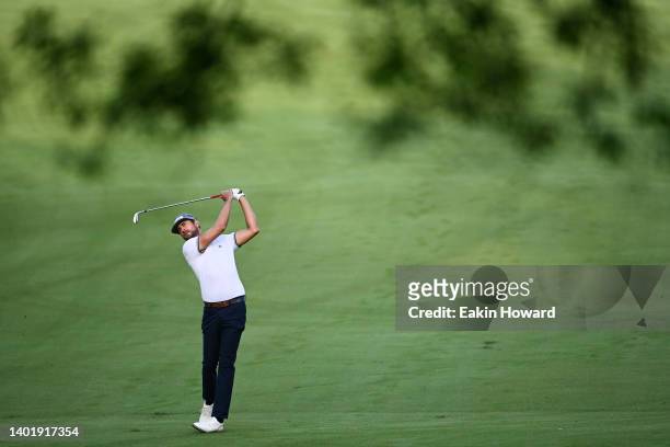Scott Harrington plays his second shot of the first hole during the first round of the BMW Charity Pro-Am at Thornblade Club on June 09, 2022 in...