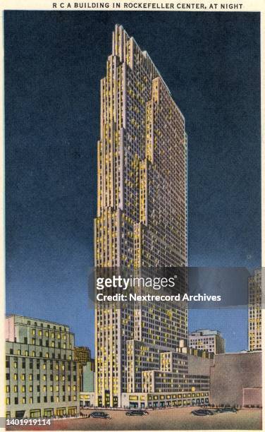 Vintage colorized historic souvenir photo postcard published circa 1942 depicting the vibrant midtown and downtown skyscrapers of New York City...