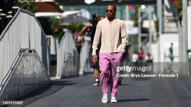 Lewis Hamilton of Great Britain and Mercedes walks in the Paddock during previews ahead of the F1 Grand Prix of Azerbaijan at Baku City Circuit on...