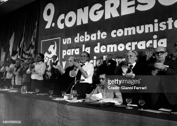 Spanish politicians Santiago Carrillo and Dolores Ibarruri 'La Pasionaria' at the Communist Party congress, Madrid, Spain, 1978.