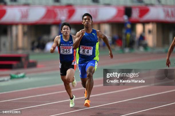 Abdul Hakim Sani Brown competes in the Men's 100m Semi Final on day one of the JAAF Championships at Yanmar Stadium Nagai on June 09, 2022 in Osaka,...