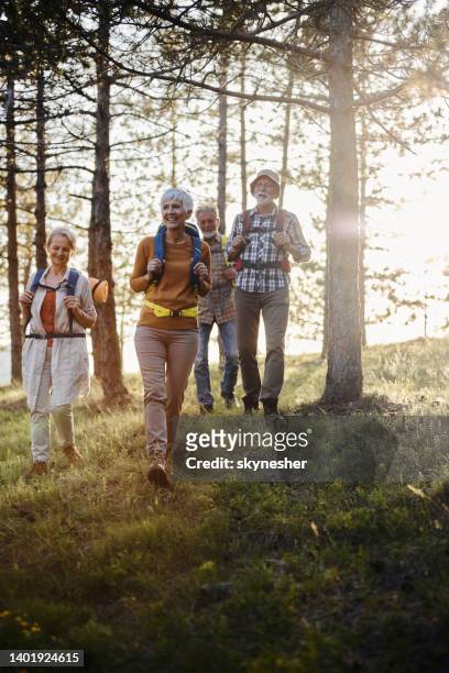 happy senior friends hiking through the woods. - senior women hiking stock pictures, royalty-free photos & images