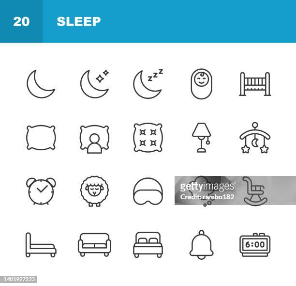 ilustrações, clipart, desenhos animados e ícones de ícones da linha de sono. golpe editável. contém ícones como lua, cama, estrela, noite, travesseiro, bebê, despertador, hotel, hostel, cama dupla, dormir. - deitando
