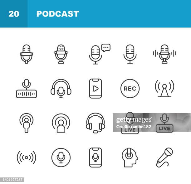 ilustrações de stock, clip art, desenhos animados e ícones de podcast line icons. editable stroke. contains such icons as radio, live podcast, microphone, audio, sound, voice, speaking, entertainment, influencer, playing music, interview, social media, headphones, talk show. - música acústica