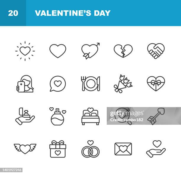 ilustrações de stock, clip art, desenhos animados e ícones de valentine's day and love icons. editable stroke. contains such icons as heart, love, gift, broken heart, celebration, romance, romantic dinner, dating, selfie, make-up, perfume, social media, flowers, photo, cake. - online dating