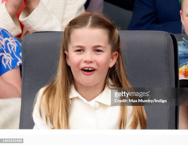 Princess Charlotte of Cambridge attends the Platinum Pageant on The Mall on June 5, 2022 in London, England. The Platinum Jubilee of Elizabeth II is...