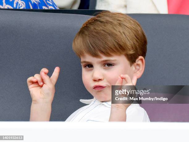 Prince Louis of Cambridge attends the Platinum Pageant on The Mall on June 5, 2022 in London, England. The Platinum Jubilee of Elizabeth II is being...
