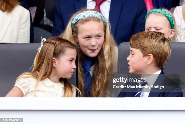 Princess Charlotte of Cambridge, Savannah Phillips , Prince George of Cambridge and Lena Tindall attend the Platinum Pageant on The Mall on June 5,...