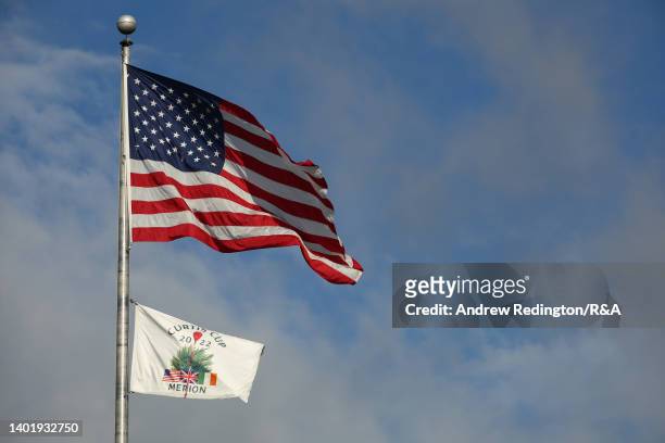General view of tournament flags during a practice round ahead of The Curtis Cup at Merion Golf Club on June 09, 2022 in Ardmore, Pennsylvania.