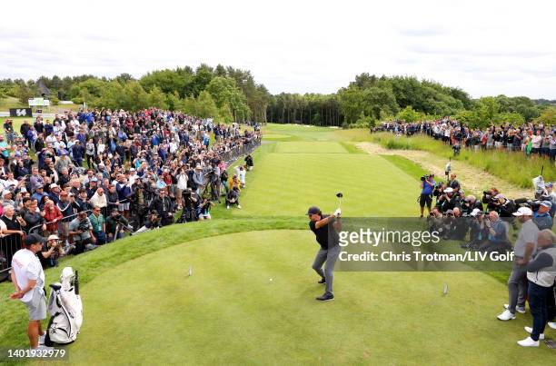 Phil Mickelson of Hy Flyers GC tees off on the 1st hole during day one of the LIV Golf Invitational - London at The Centurion Club on June 09, 2022...