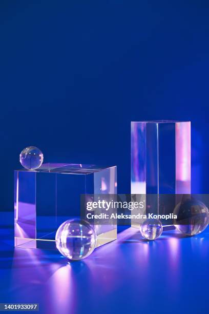 two abstract colorful empty crystal glass rectangle and cube pedestals - disco ball bildbanksfoton och bilder