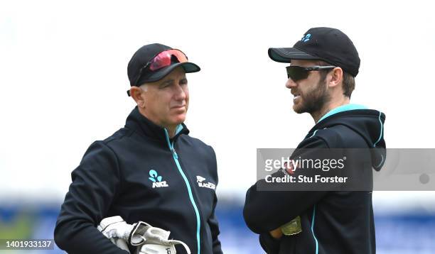 New Zealand captain Kane Williamson chats with coach Gary Stead during nets ahead of the Second Test Match between England and New Zealand at Trent...