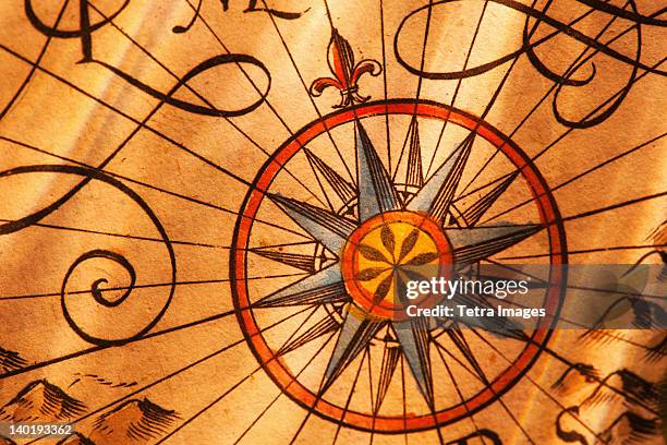 detail of antique map, studio shot - compass rose stock pictures, royalty-free photos & images