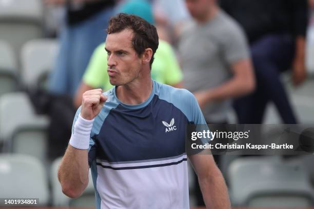 Andy Murray of Great Britain celebrates after winning the round of 16 match against Alexander Bublik of Kazakhstan during day four of the BOSS OPEN...