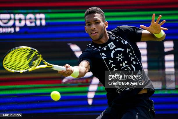 Felix Auger-Aliassime of Canada plays a forehand during the Mens Singles Second Round match against Tallon Griekspoor of the Netherlands during Day 4...