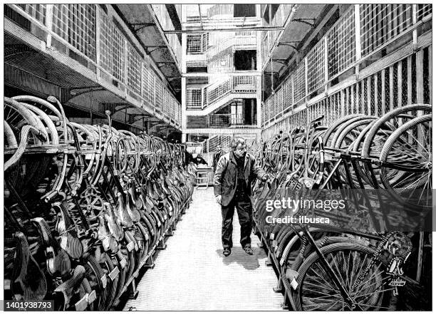 antique illustration: bicycle store selling - bike shop stock illustrations